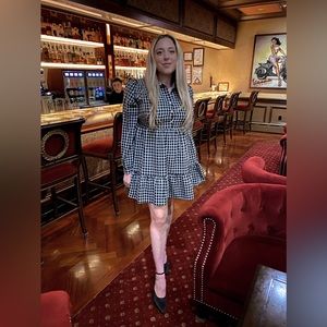 Bloomingdale’s Aqua Checkered Black & White Dress W/ embellished stone buttons
